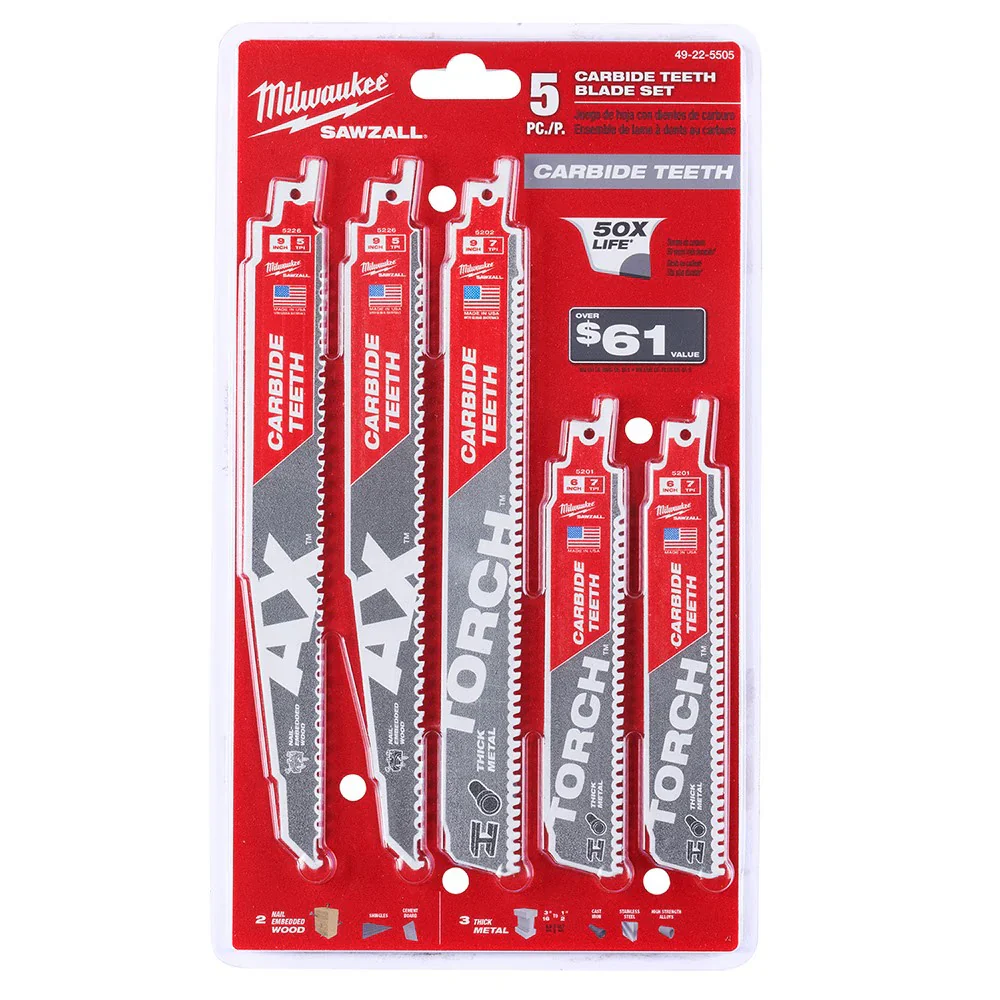 5PC Wood and Metal Cutting Carbide Teeth SAWZALL® Blade Set