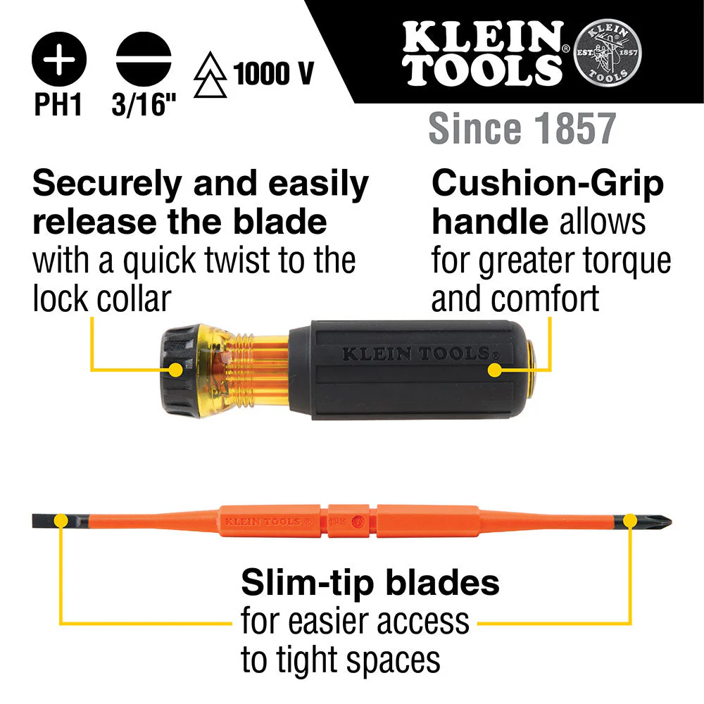 Klein 32286 2-in-1 Insulated Flip-Blade Screwdriver, #1 Ph, 3/16" Sl - Image 7
