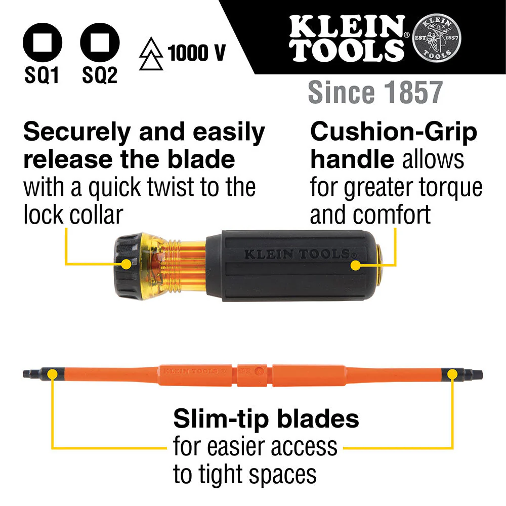 Klein 32287 2-in-1 Insulated Flip-Blade Screwdriver, #1/#2 Square - Image 7