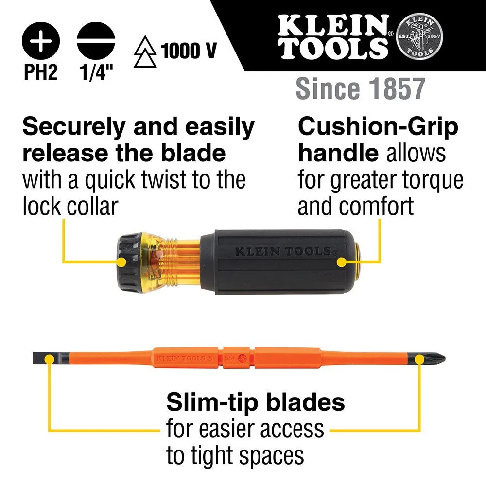 Klein 32293 2-in-1 Insulated Flip-Blade Screwdriver, #2 Ph, 1/4" Sl - Image 6