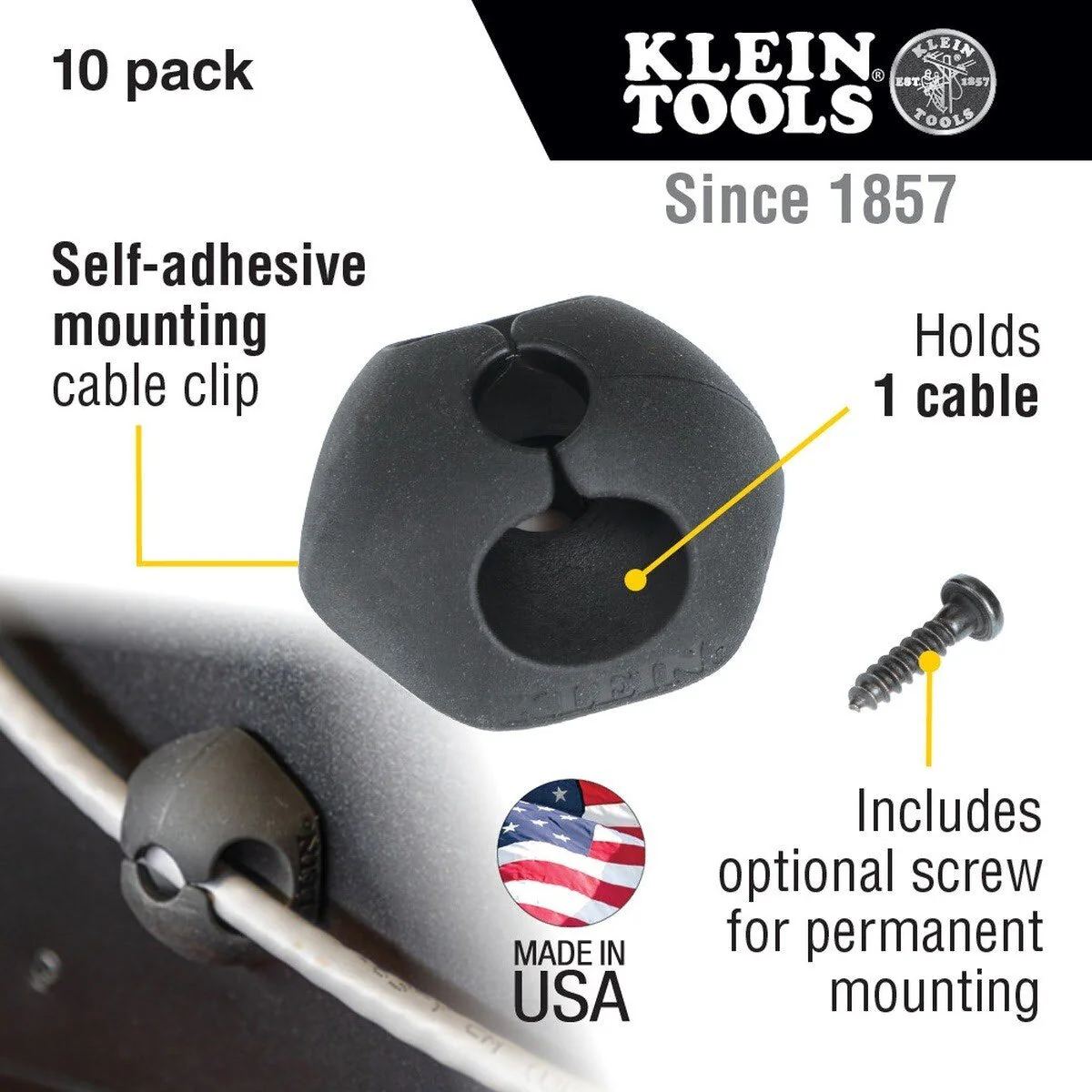Klein 450-400 Self-Adhesive Cable Mounting Clips, 1 Slot (10 Pack) - Image 2