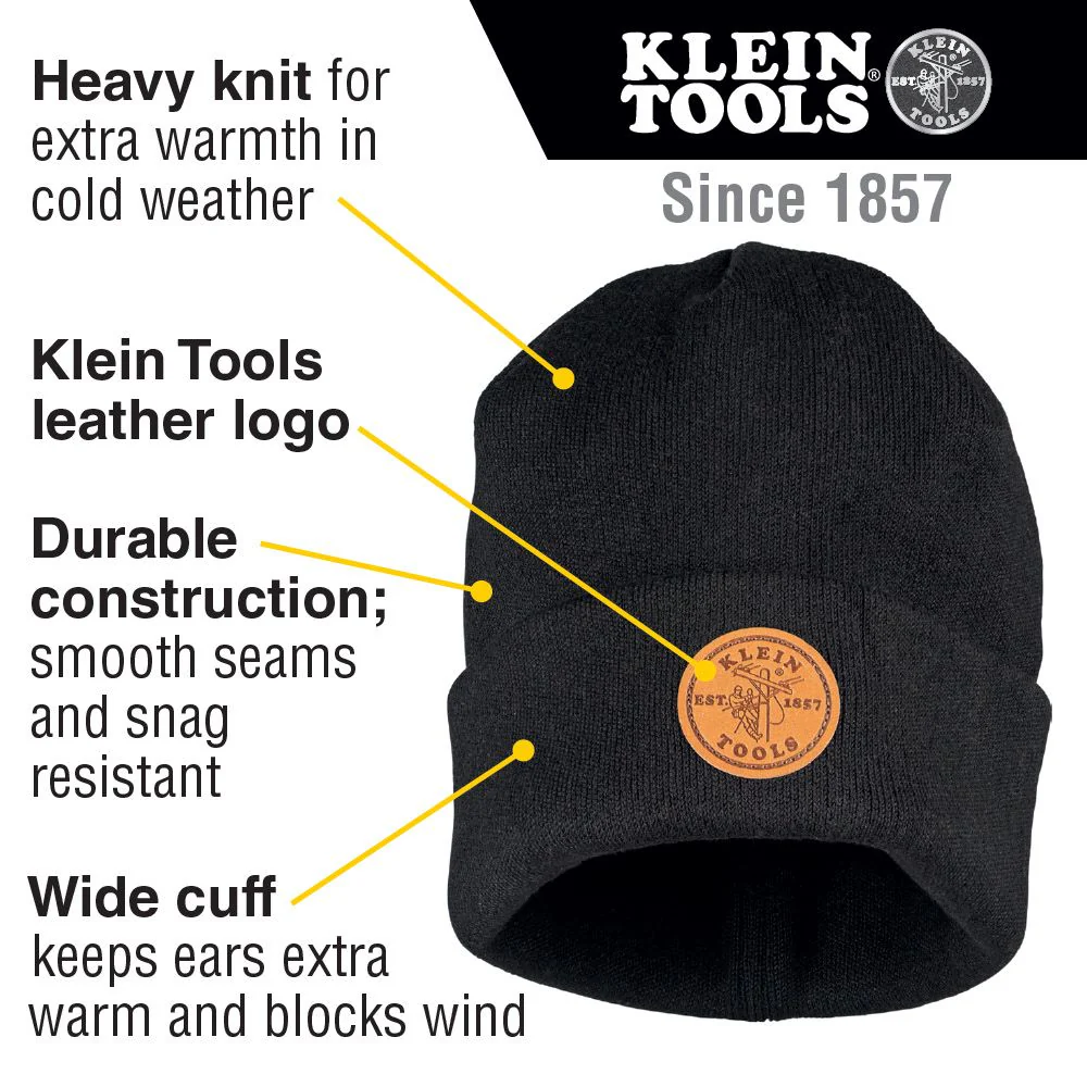 Klein 60569 Heavy Knit Hat, Black, Leather Logo - Image 5