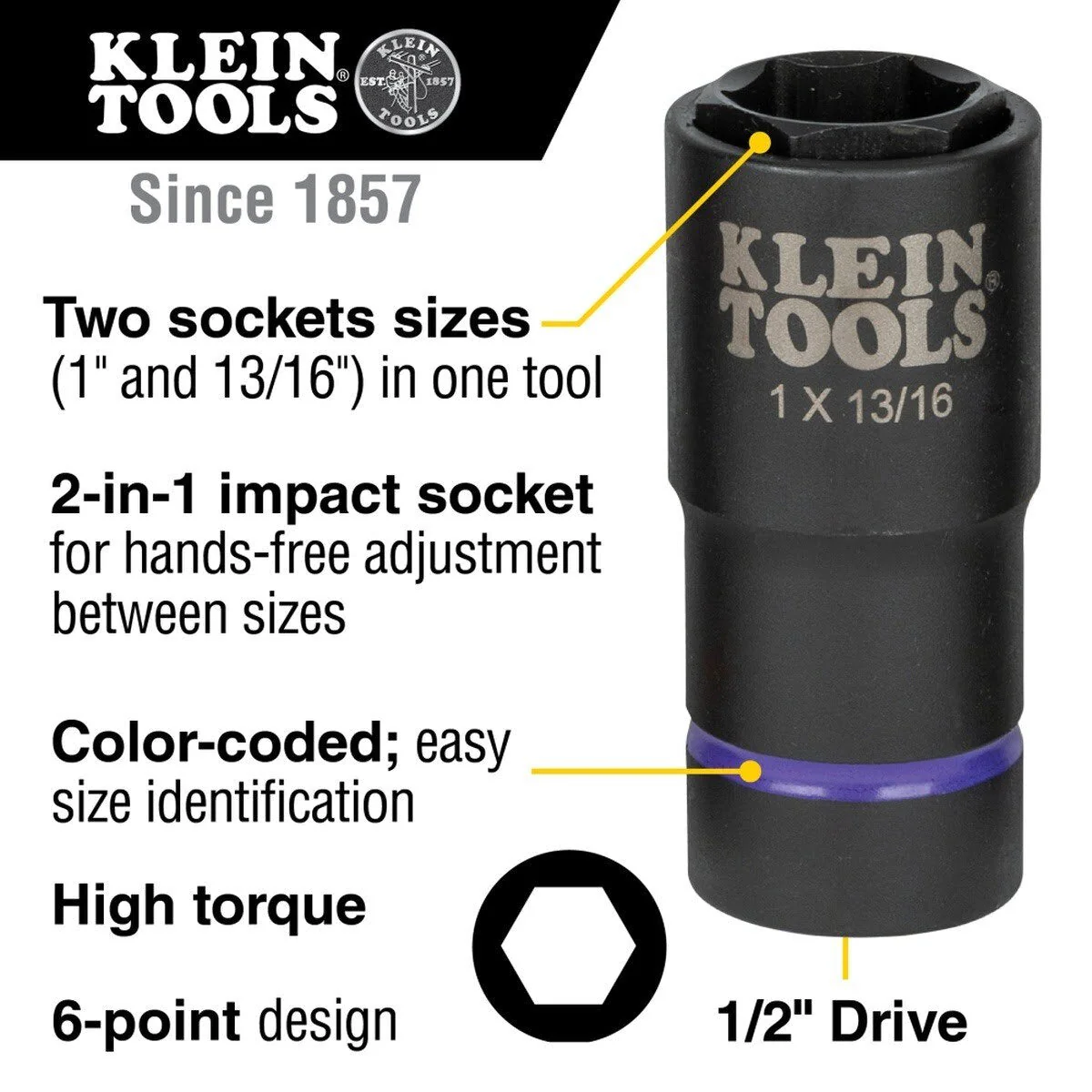 Klein 66065 2-in-1 6-Point Impact Socket, 1 in. and 13/16 in., 1/2 in. Drive (Each) - Image 2