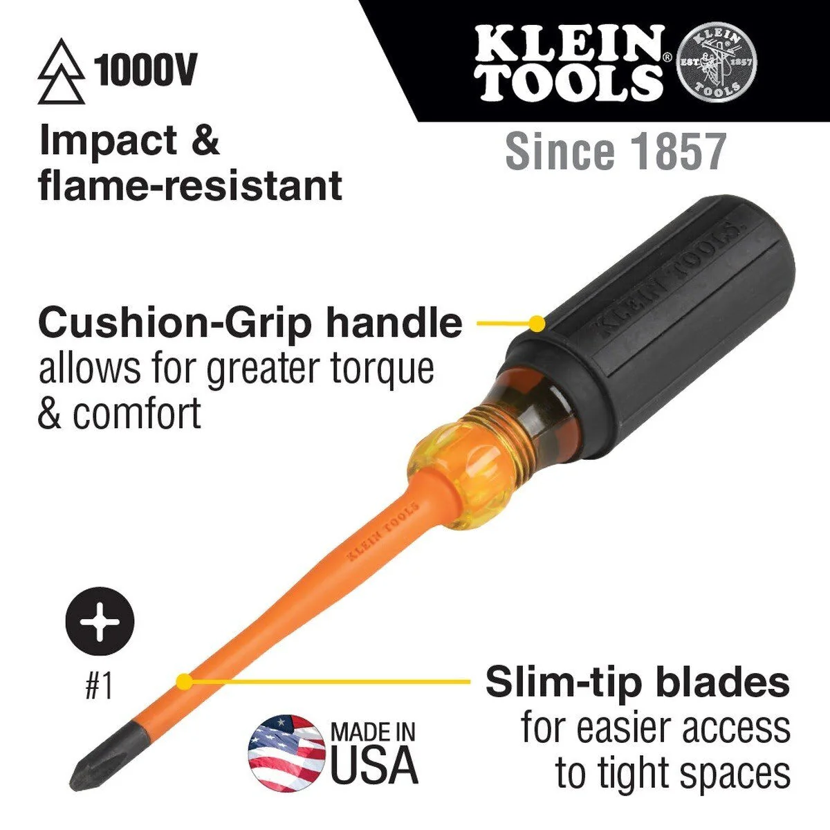 Klein 6956INS Slim-Tip 1000V Insulated #1 Phillips Screwdriver, 6-Inch Round Shank - Image 2