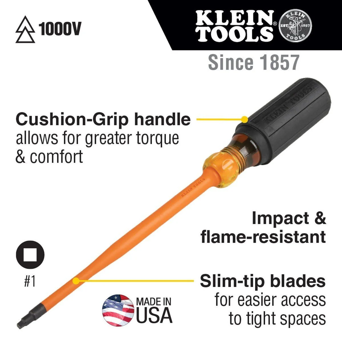 Klein 6984INS Slim-Tip 1000V Insulated #1 Square Screwdriver, 4-Inch Round Shank - Image 2