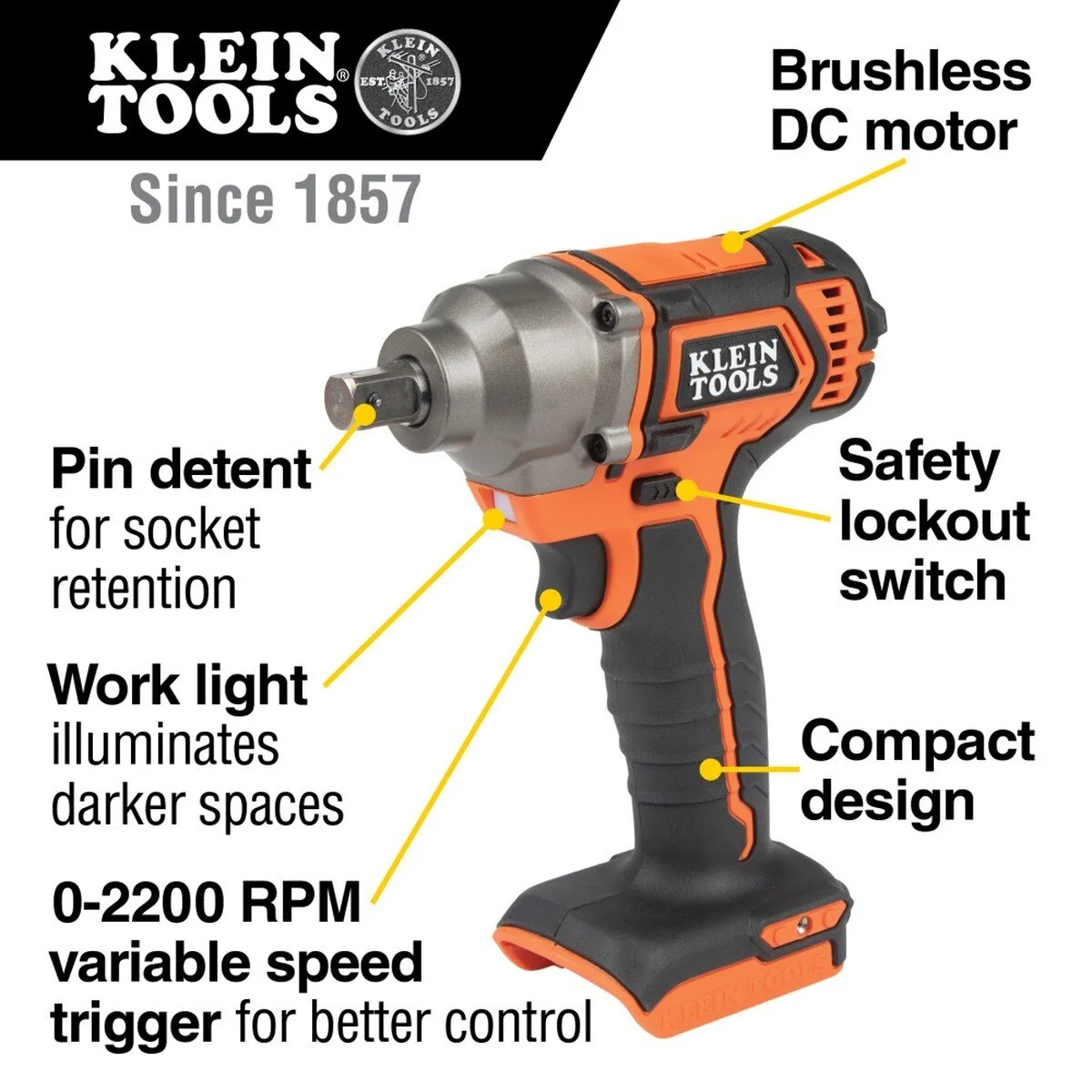 Klein BAT20CW Battery-Operated Compact Impact Wrench, 1/2-Inch Detent Pin, Tool Only - Image 2
