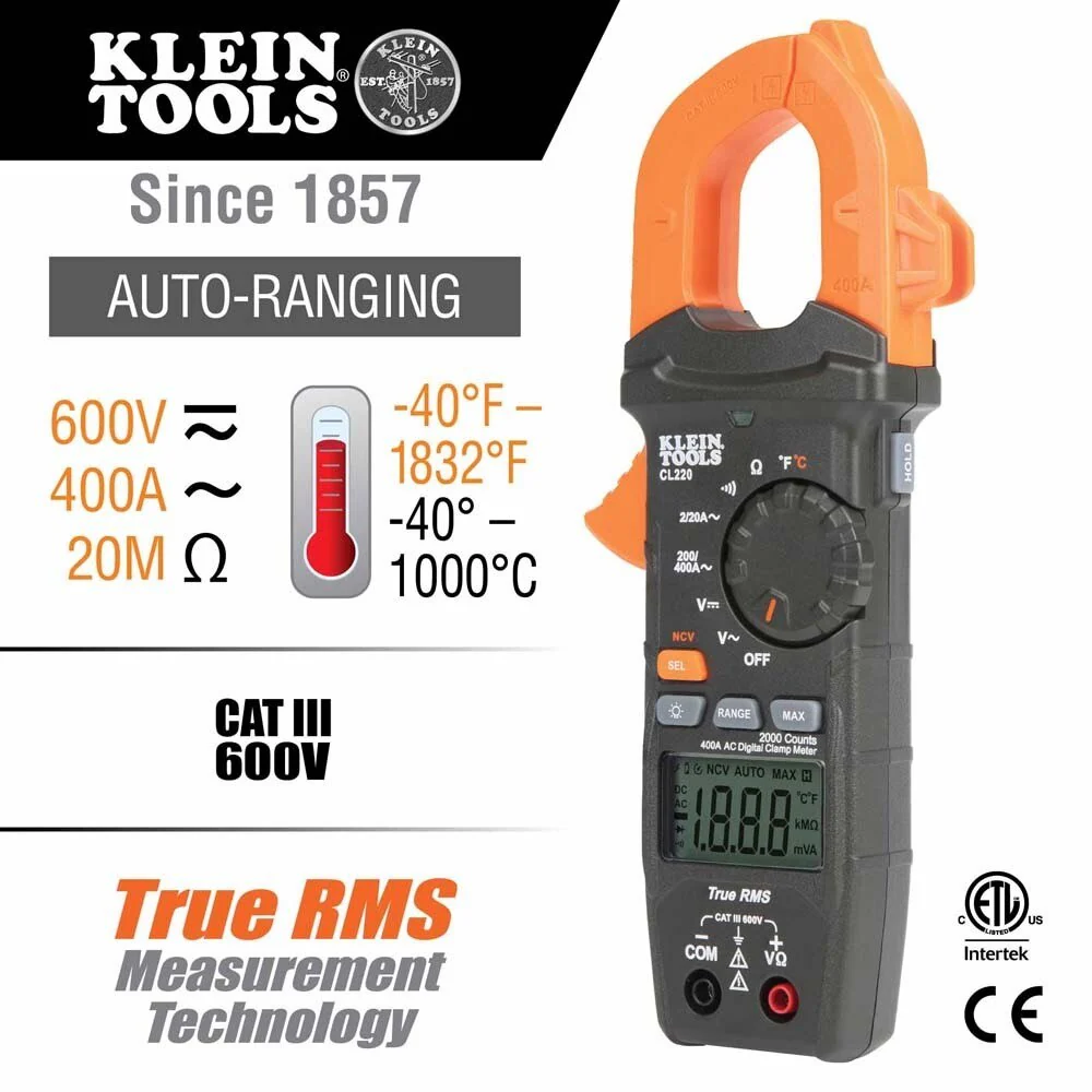 Klein CL220 Digital Clamp Meter, AC Auto-Ranging 400 Amp with Temp - Image 2