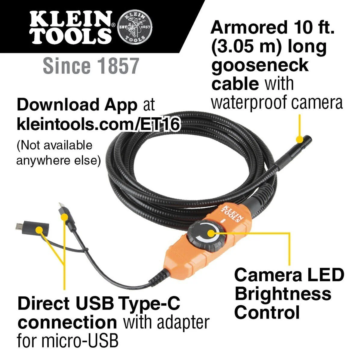 Klein ET16 Borescope for Android Devices with 10 ft Gooseneck and USB-C/Micro-USB Connection - Image 8