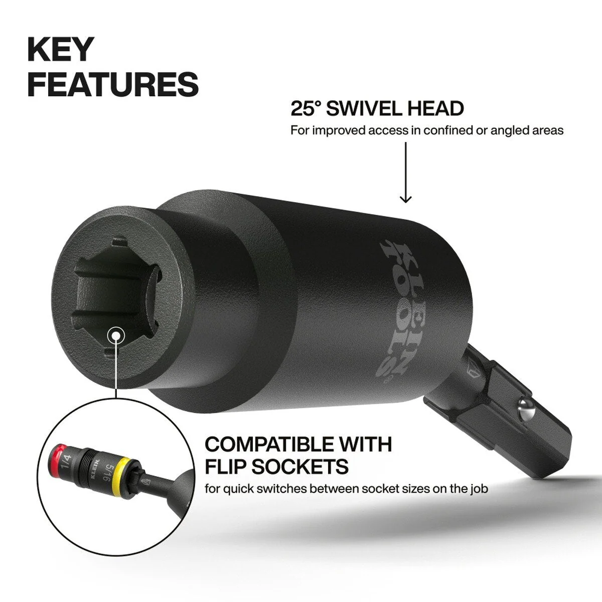 Klein Tools 32980 Impact Flip Socket Swivel Adapter, 25 Degree Swivel, 1/4 in. Hex - Image 2