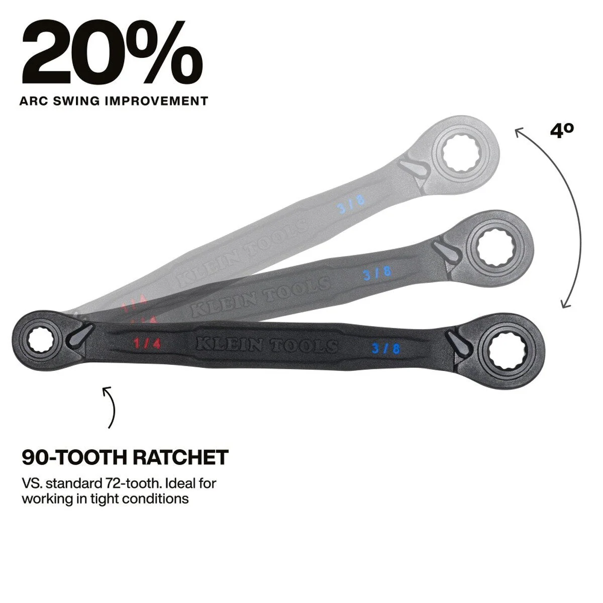 Klein Tools 68214 4-in-1 Ratcheting Box Wrench, Closed Box Ends, 1/4, 5/16, 3/8, 7/16 SAE, 6.5 in. Length (1 Pack) - Image 3