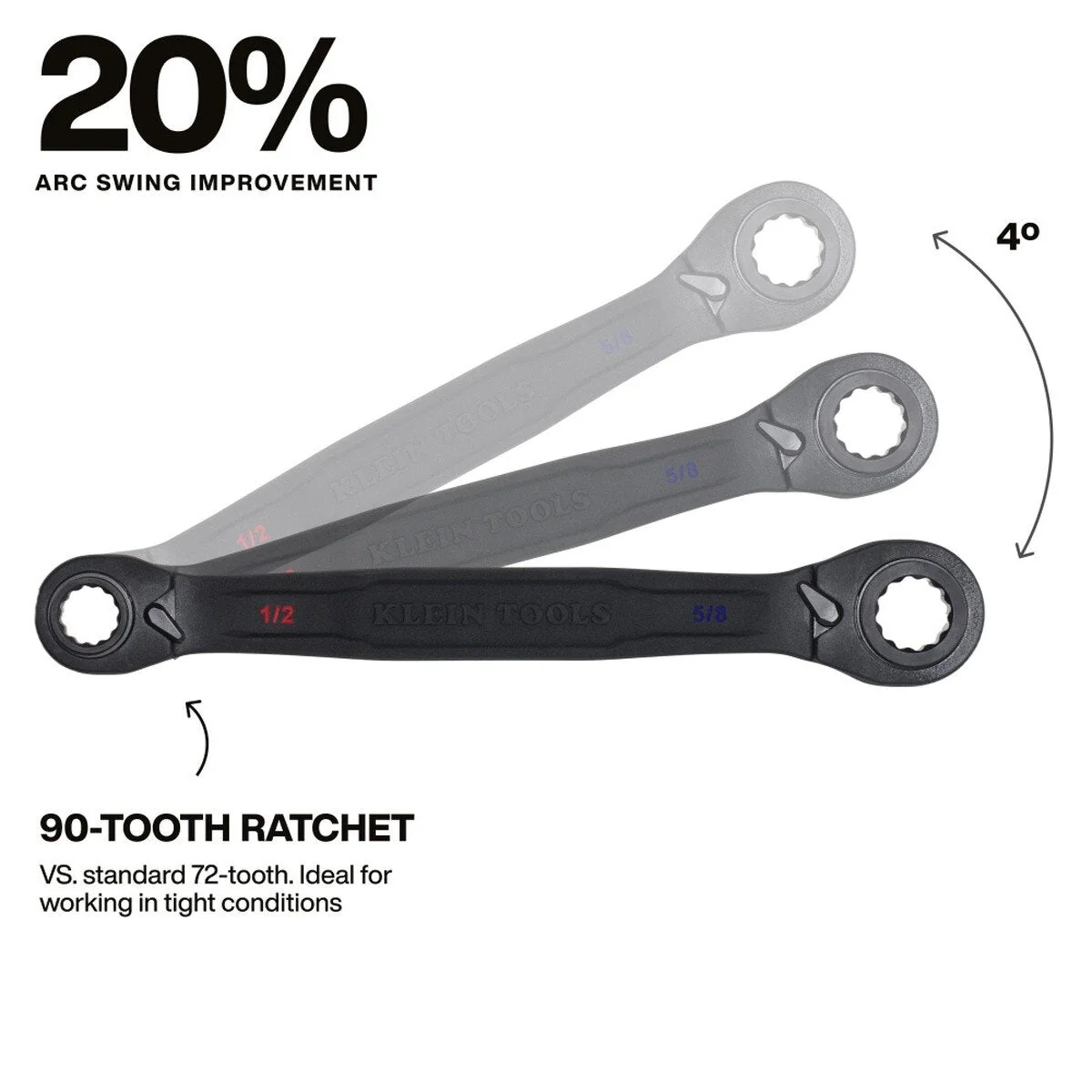 Klein Tools 68215 4-in-1 Ratcheting Box Wrench, Closed Box Ends, Black Phosphate Finish, SAE Sizes 1/2 in., 9/16 in., 5/8 in., 3/4 in. - Image 3
