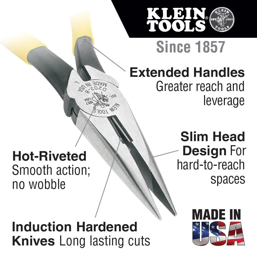 Klein Tools D203-8 Pliers, Long Nose Side-Cutters, 8" - Image 2