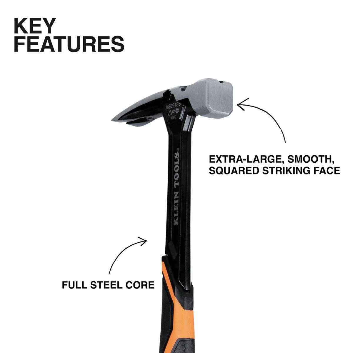 Klein Tools H80918S Smooth Face Steel Claw Hammer with Full Steel Core and Magnetic Nail Starter (18 oz) - Image 2